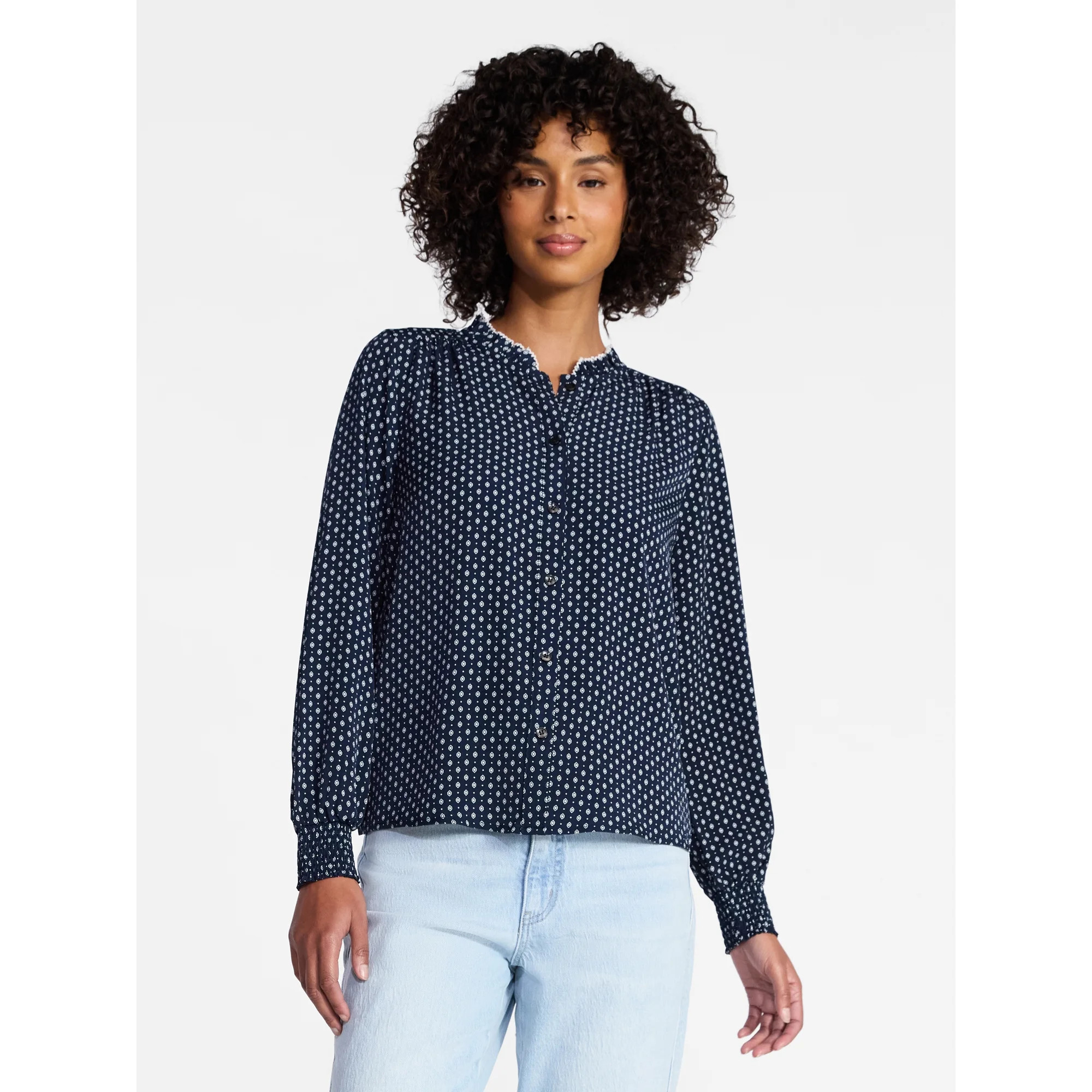 Time and Tru Women's Ruffle Button Down Blouse with Long Sleeves, Sizes XS-XXXL | Walmart (US)