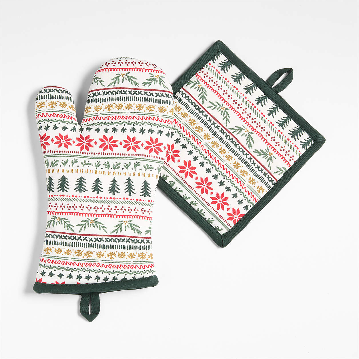 Nordic Fair Isle Organic Cotton Oven Mitt and Pot Holder Set | Crate & Barrel | Crate & Barrel