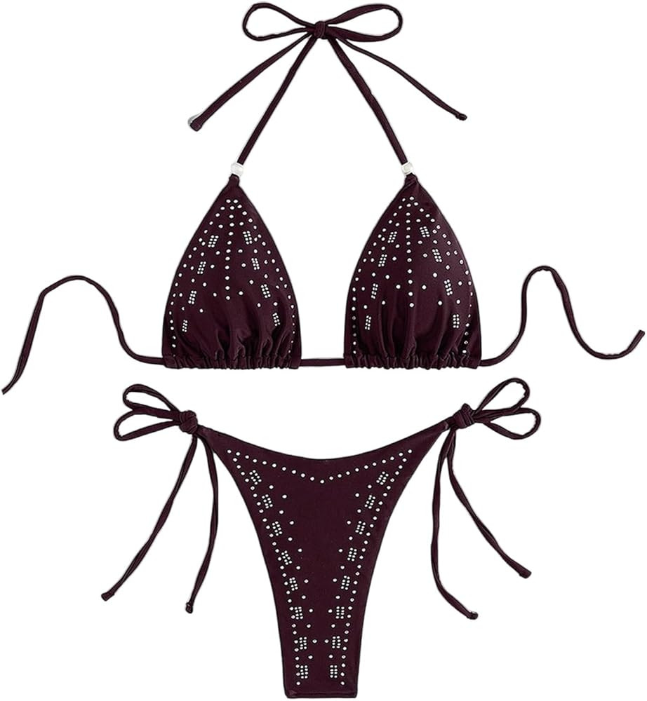 WDIRARA Women's 2 Piece Bikini Set Halter Triangle String Rhinestone Swimsuit Bathing Suit | Amazon (US)