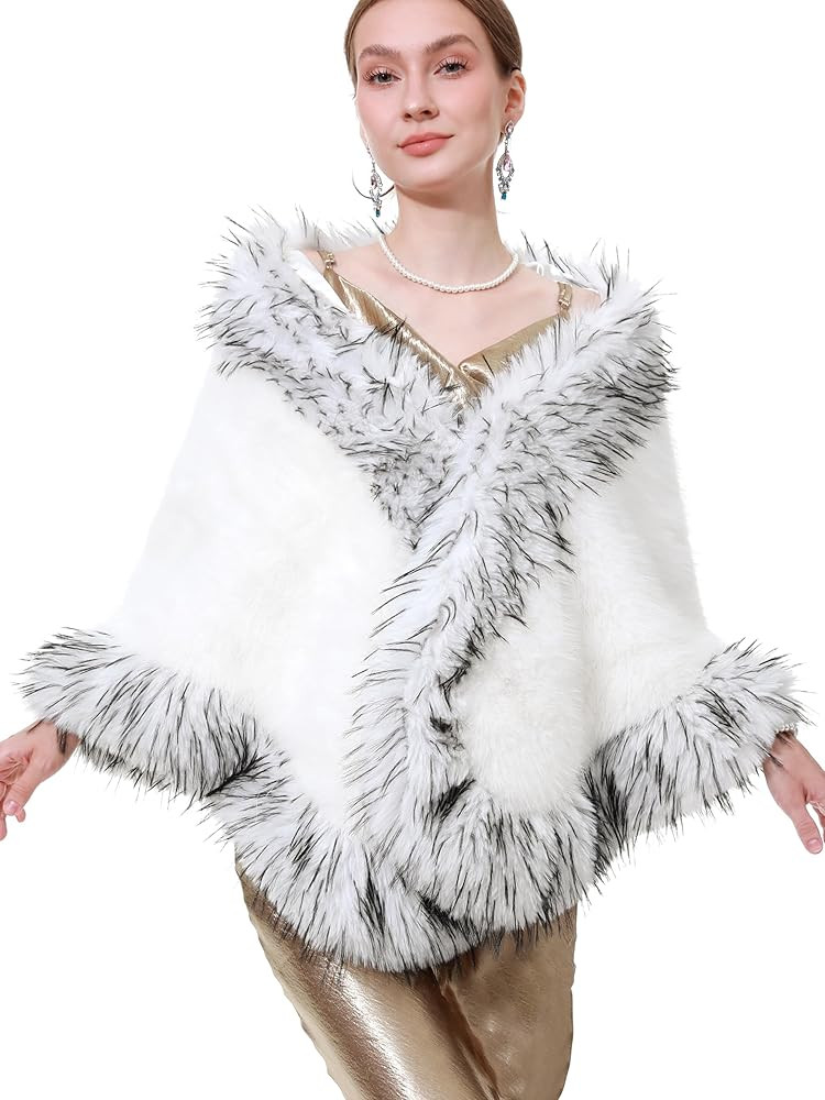 LA CARRIE Women's Winter Faux Fur Shawl Shrug Gown Wrap Cloak Cape Coat for Bridal Wedding Party | Amazon (US)
