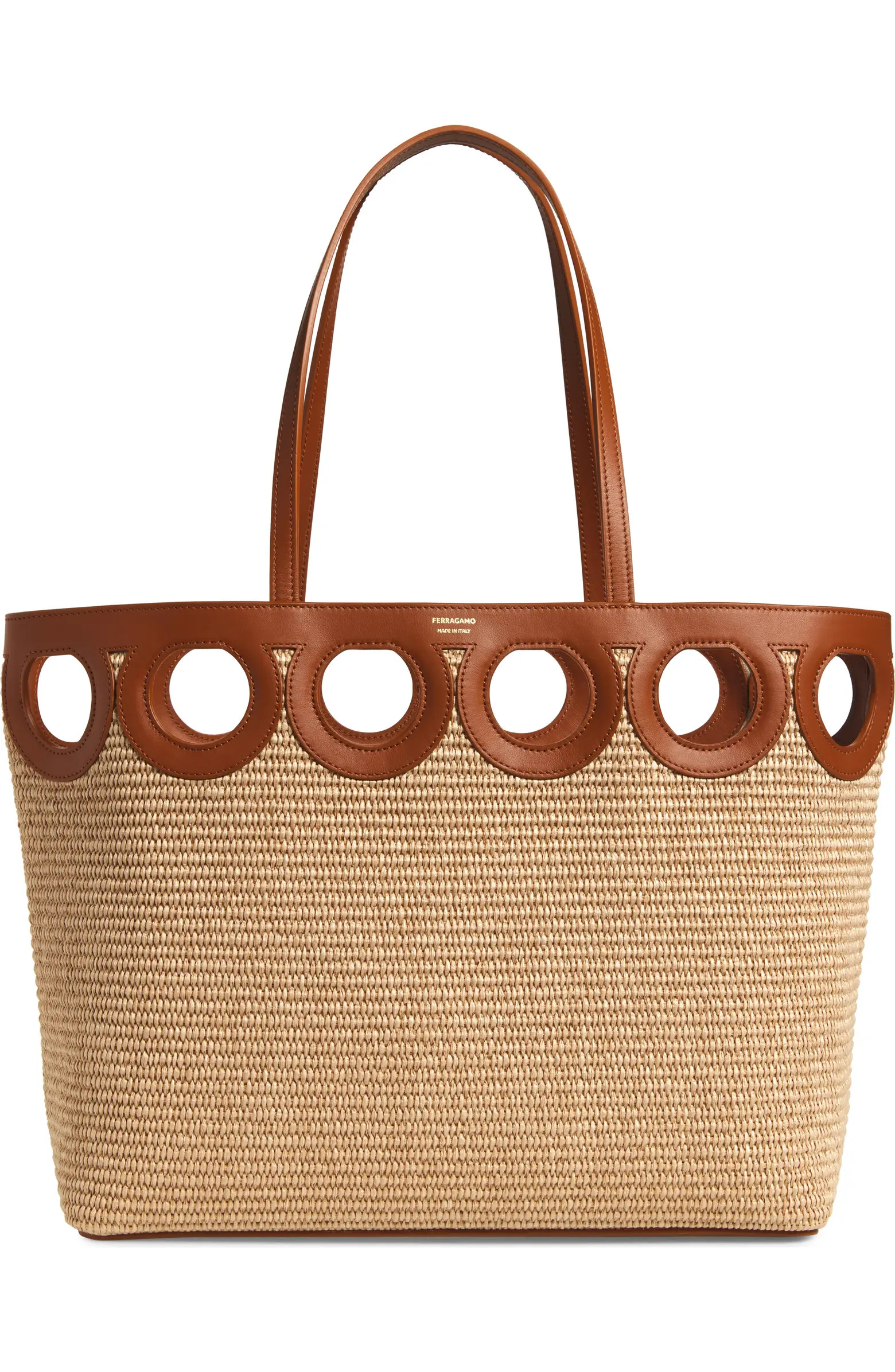 Medium Gancini Frame Perforated Raffia & Leather Tote | Nordstrom