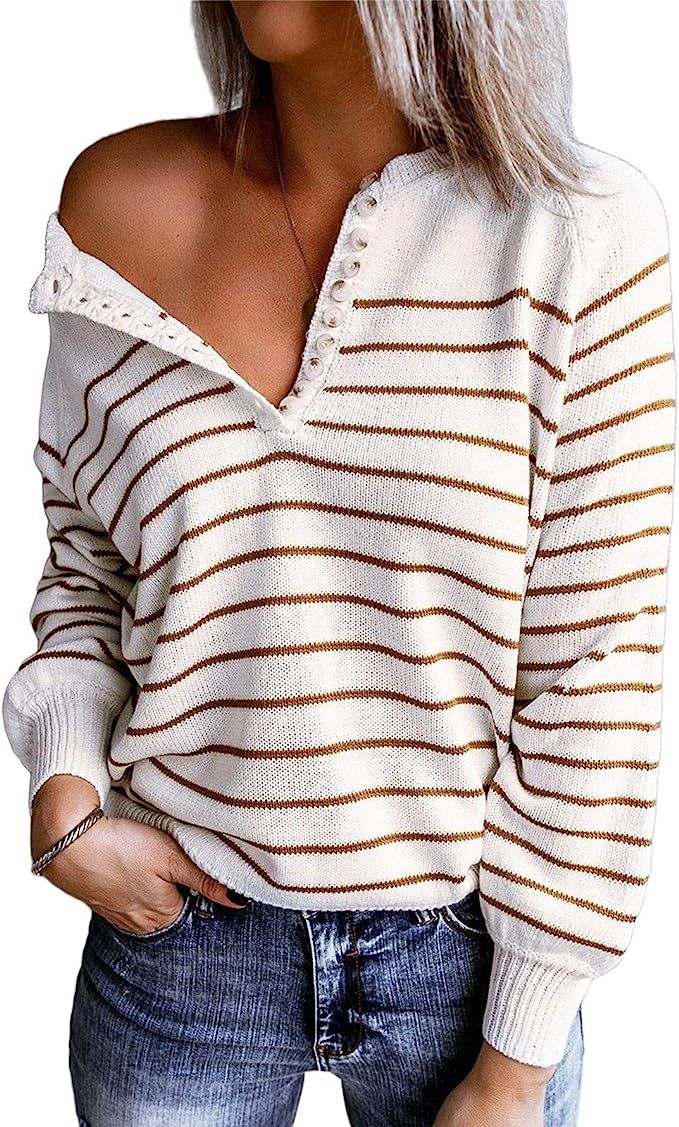 Women's Oversized Striped Sweater Off Shoulder Button Down Puff Sleeve Henley Pullover Tops Basic... | Amazon (US)