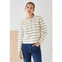 Contrast Stripes Button Down Cardigan in Ivory | Chicwish