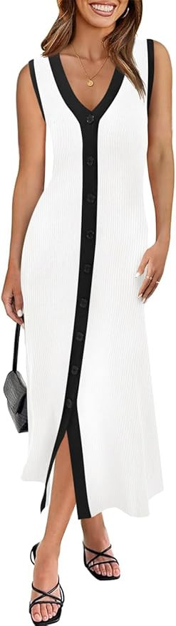Saodimallsu Womens Summer Button Down Sweater Dresses Sleeveless V Neck Casual Ribbed Knit Color ... | Amazon (US)