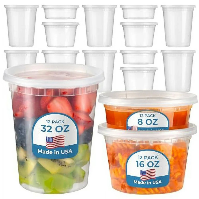 Fit Meal Prep Food Storage Containers with Lids, Round Plastic Deli Cups, Assorted 8 16 32 oz Pin... | Walmart (US)
