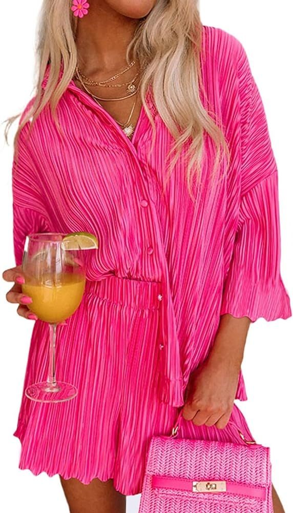Astylish Women 2024 Comfy Lounge Sets Summer Cute Pajama Sets 3/4 Sleeve V Neck with Shorts | Amazon (US)
