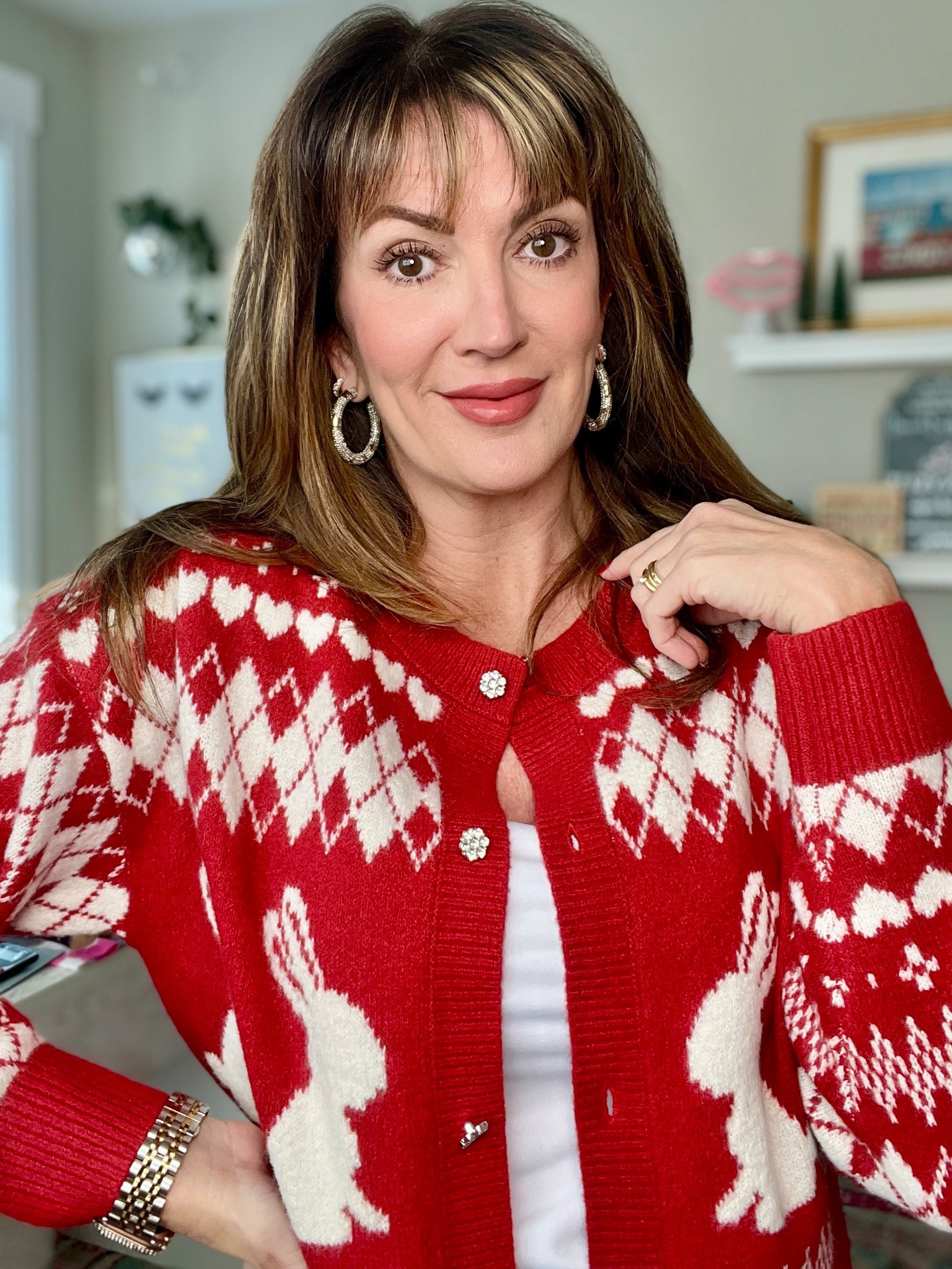 ❤️🤍🩵 This bunny 🐰 chic sweater has a been very my popular! Wearing a medium for a more relaxed fit. 

#LTKOver40 #LTKootd #LTKFindsUnder50