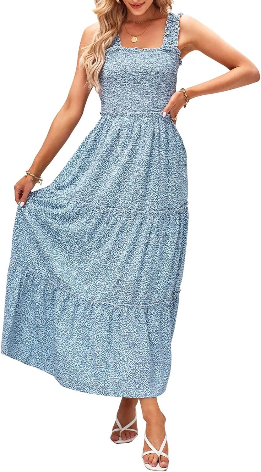 ULTRANICE Womens 2023 Summer Dresses Floral Beach Maxi Dresses Ruffle Square Neck Spaghetti Strap... | Amazon (US)