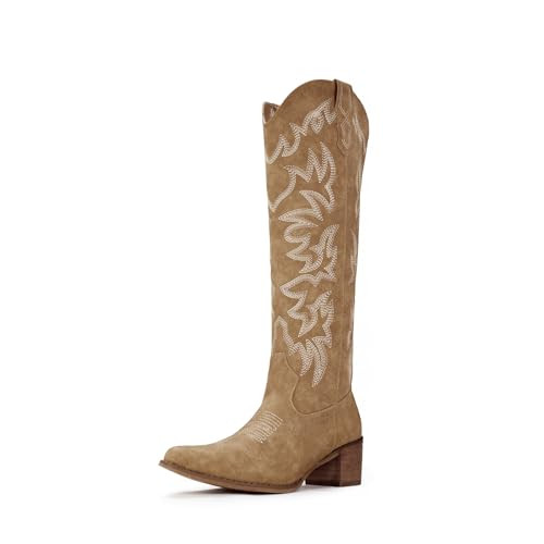 IUV Cowboy Boots For Women Knee High Western Cowgirl Boots Snip Toe Side Zipper Chunky Heel | Amazon (US)