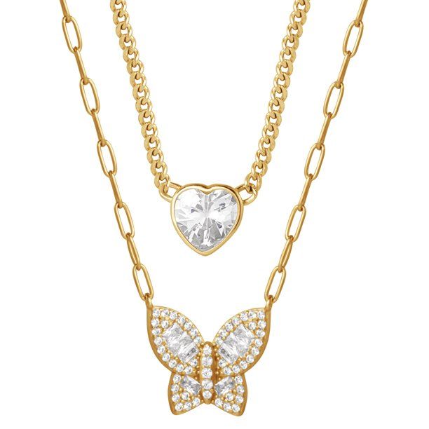 Brilliance Fine Jewelry Women's CZ Yellow Gold Plated Sterling Silver Heart and Butterfly Necklac... | Walmart (US)