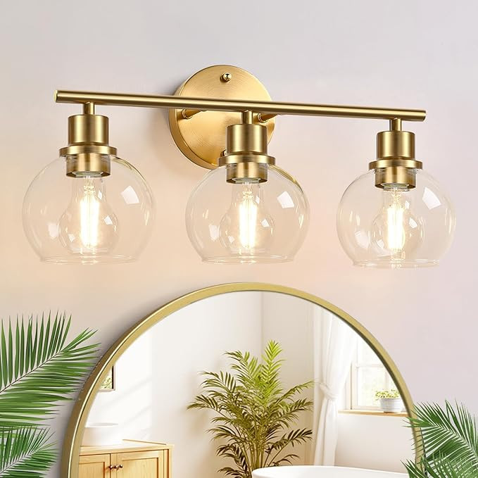 Indoi 3-Light Bathroom Light Fixtures, Brushed Gold Modern Vanity Lights Over Mirror with Clear G... | Amazon (US)