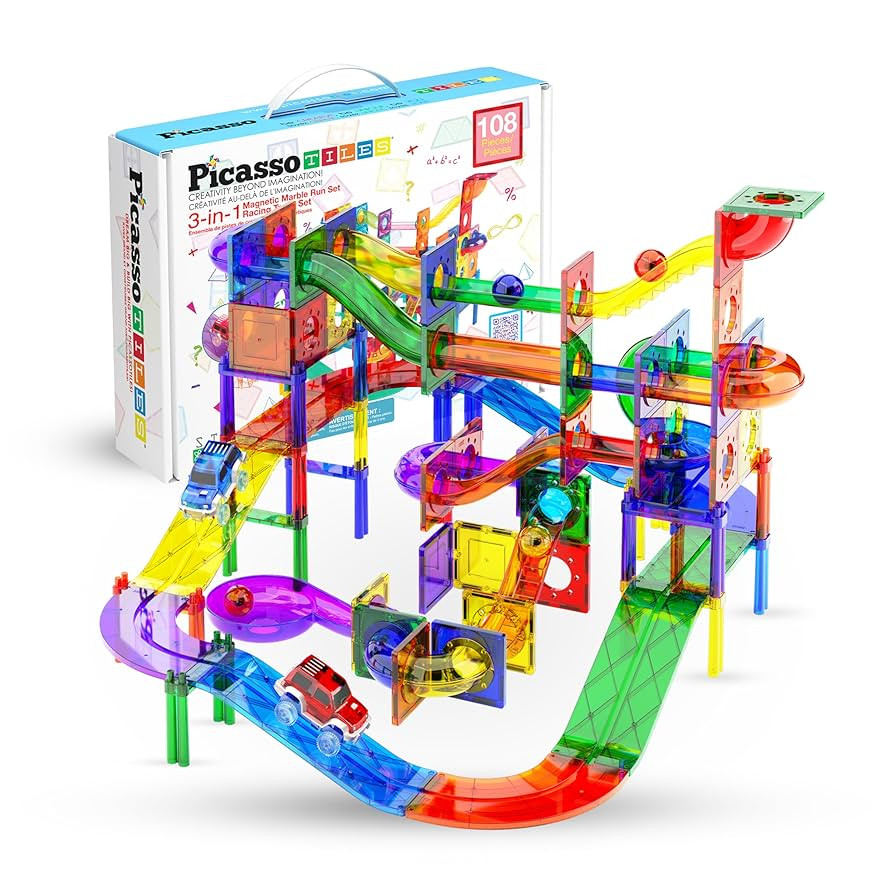 Amazon.com: PicassoTiles 108pc 3-in-1 Marble Run Car Race Track Combo Magnetic Tiles PicassoToys ... | Amazon (US)