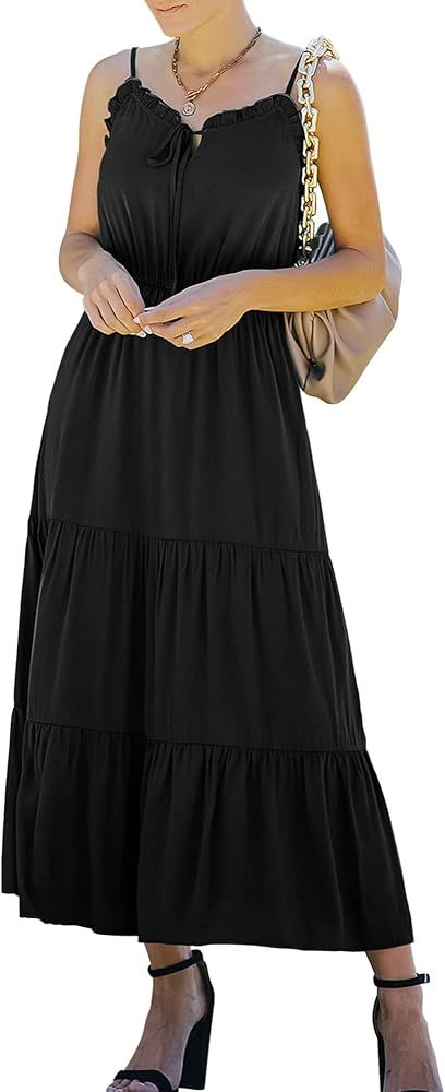 LAISHEN Women's Summer Tie Neck Sleeveless Maxi Dress Ruffle Hem Elastic High Waist A-Line Long Dres | Amazon (US)