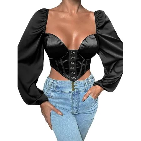 Women Long Sleeve T-Shirts Solid Color Square Neck Puff Sleeve Sexy Corset Blouse Shirt | Walmart (US)