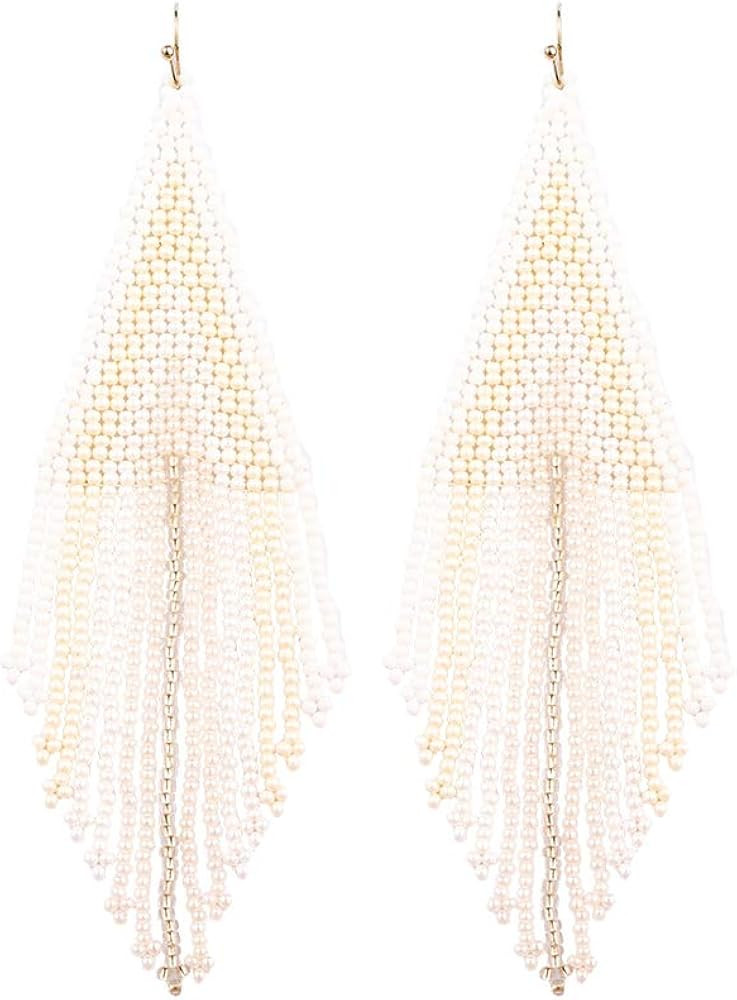 Long Beaded Tassel Earrings – Large Native Bohemian Statement Beaded Fringe Drop Earrings, Big ... | Amazon (US)