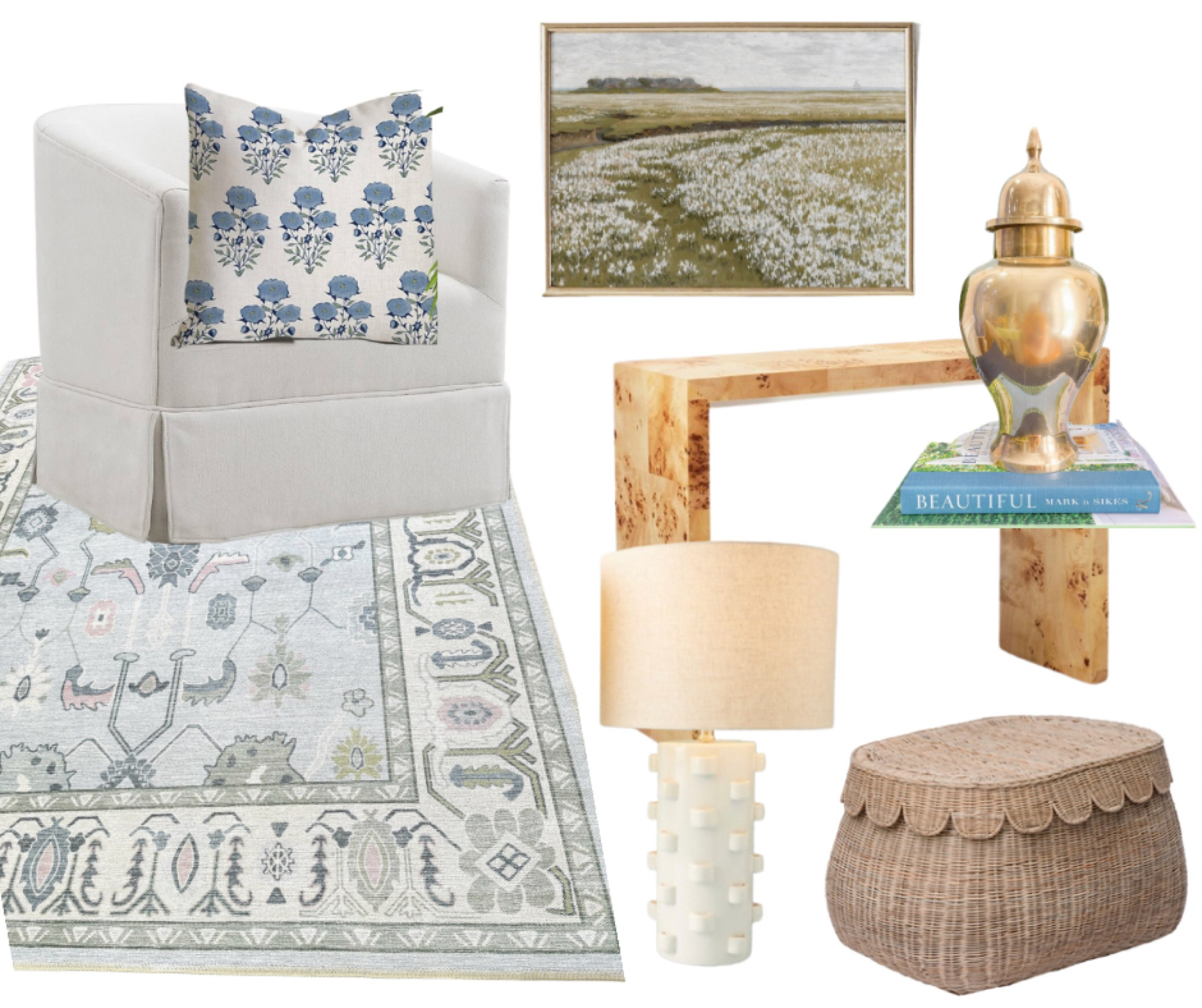 grandmillenial, chinoiserie, brass, wicker baskets, ornate rug, bubble lamp, landscape print, scallop basket, white swivel chair, white upholstered chair, entry way table, waterfall table, blue and green, pillow cover 

#LTKFind #LTKhome #LTKbaby