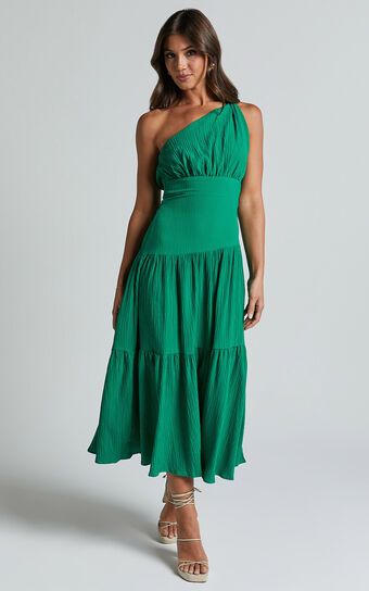 Celestia Midi Dress - Tiered One Shoulder Dress in Green | Showpo (ANZ)