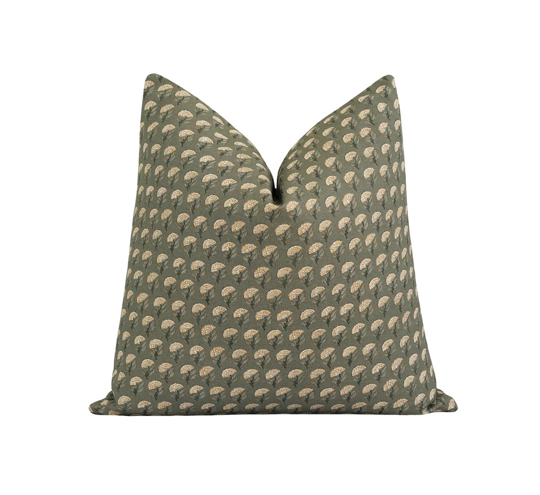 Vintage Inspired Small Floral Pillow Cover, Tan and Caramel Brown Fan Print, Green Block Print Pi... | Etsy (US)