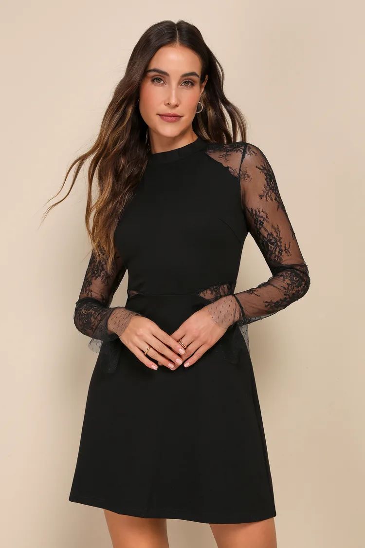 Bragging Rights Black Lace Long Sleeve Skater Dress | Lulus