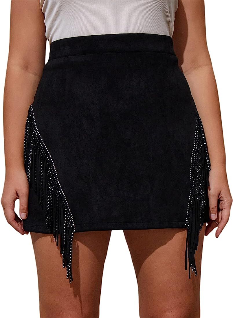Floerns Women's Plus Size Rhinestone Fringe Suede Party A Line Mini Skirt | Amazon (US)