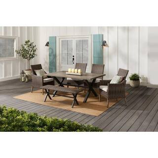 Hampton Bay Rock Cliff 6-Piece Brown Wicker Outdoor Patio Dining Set with Bench and CushionGuard ... | The Home Depot