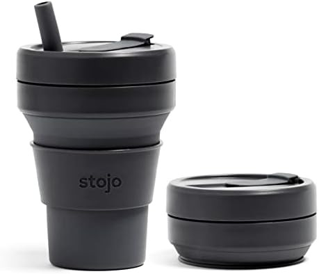 Stojo Collapsible Travel Cup With Straw - Carbon, 16oz / 470ml - Reusable To-Go Pocket Size Silic... | Amazon (US)