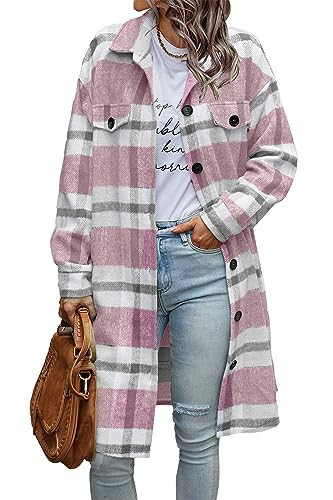 PRETTYGARDEN Womens Plaid Shacket Jacket Fall Fashion 2025 Long Sleeve Button Up Flannel Shirt Winter Clothing Woolen Coats (Plaid Pink,Small) | Amazon (US)