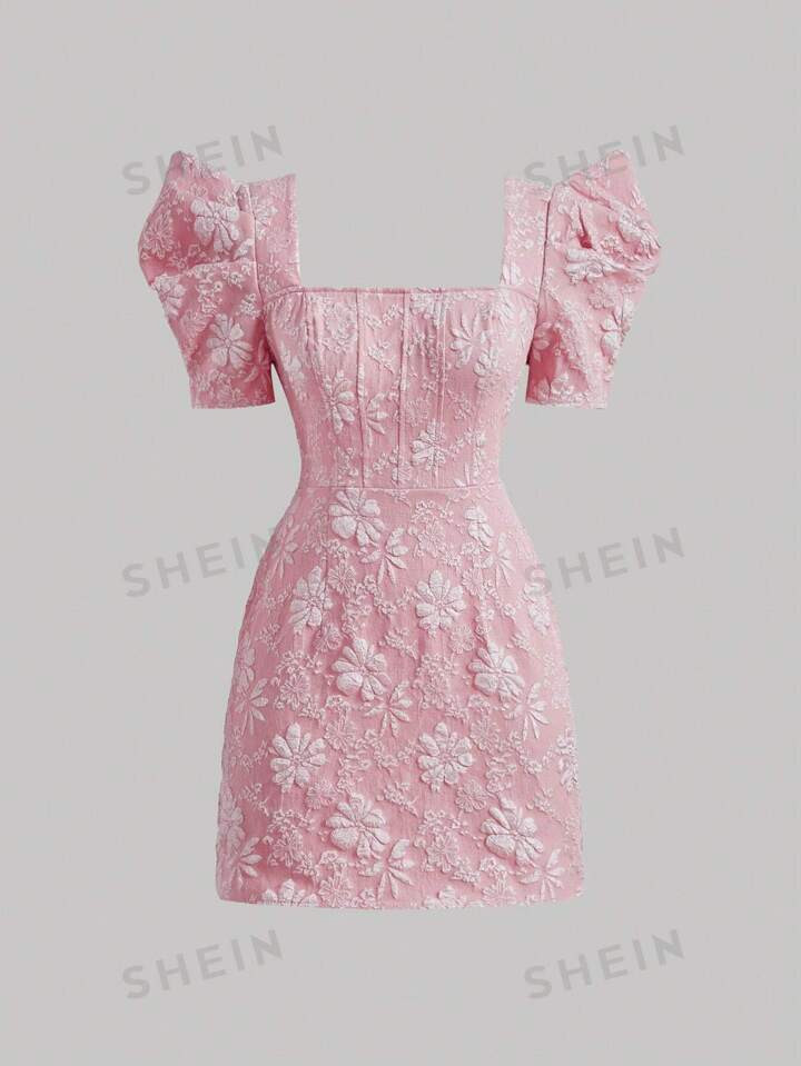 SHEIN MOD Floral Jacquard Square Neck Puff Sleeve Pink Date Night Dress | SHEIN