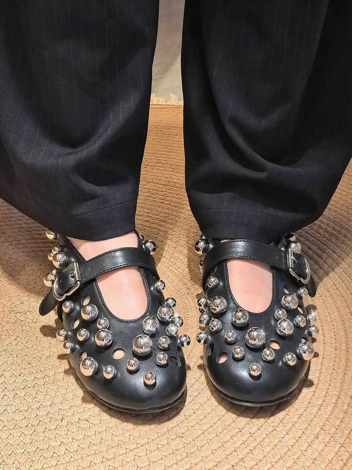 Women's Studded Flats Round Toe Mary Jane Flat Shoe Ballerina Hollow Out Shoes Buckle Strap Flats Casual Dress Shoes | SHEIN