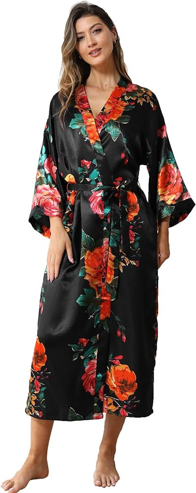 Women's Satin Kimono Robe Floral Long Silky Robes Bridal Kimonos Bridesmaid Party Dressing Gown | Amazon (US)