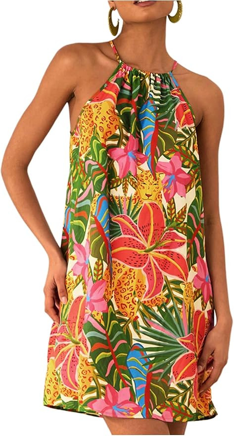 SweatyRocks Women's Tropical Print Halter Dresses Sleeveless Holiday Summer Mini Dress | Amazon (US)