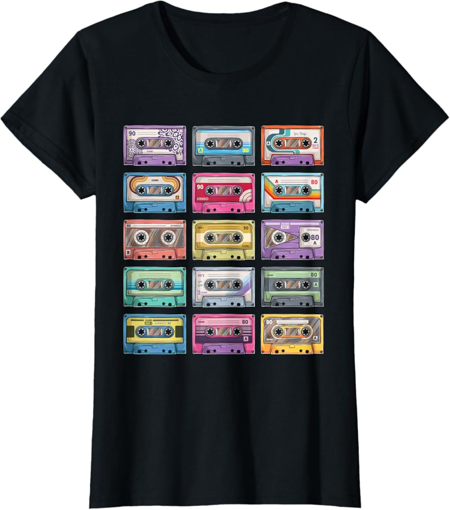Vintage Cassette Tapes Collection 80's 90's Music Mixtape T-Shirt, Negro - | Amazon (US)