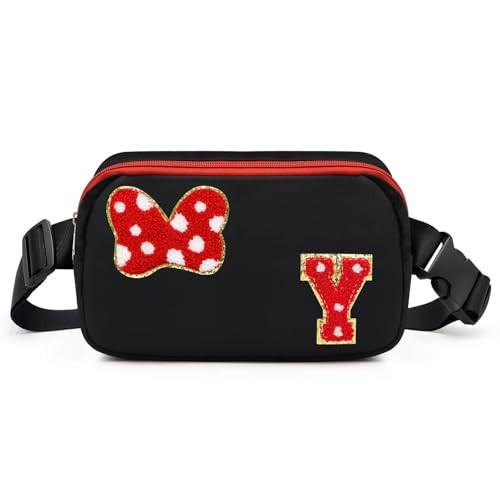 Chenille Initial Letter Bow Mouse Fanny Pack, Waterproof Park Crossbody Bag Christmas Birthday Gifts for Teen Girls Daughter Women Kids Adults, Cute Belt Bag Must Haves for Park Travel (Y, Black) | Amazon (US)
