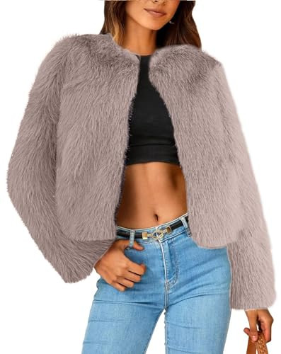 Simplee Women's Faux Fur Coat Furry Cropped Jacket Long Sleeve Warm Open Front Fur Jackets Khaki L | Amazon (US)