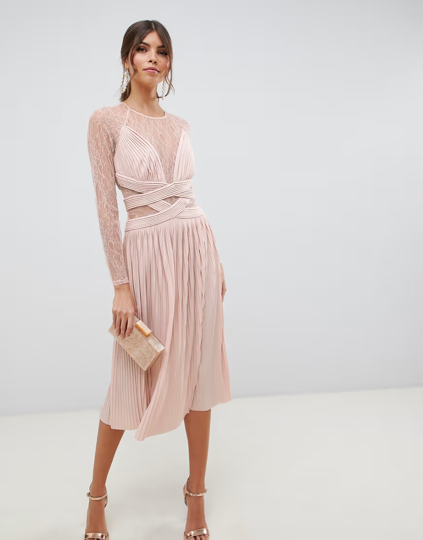 ASOS DESIGN lace and pleat midi dress-Pink | ASOS (Global)