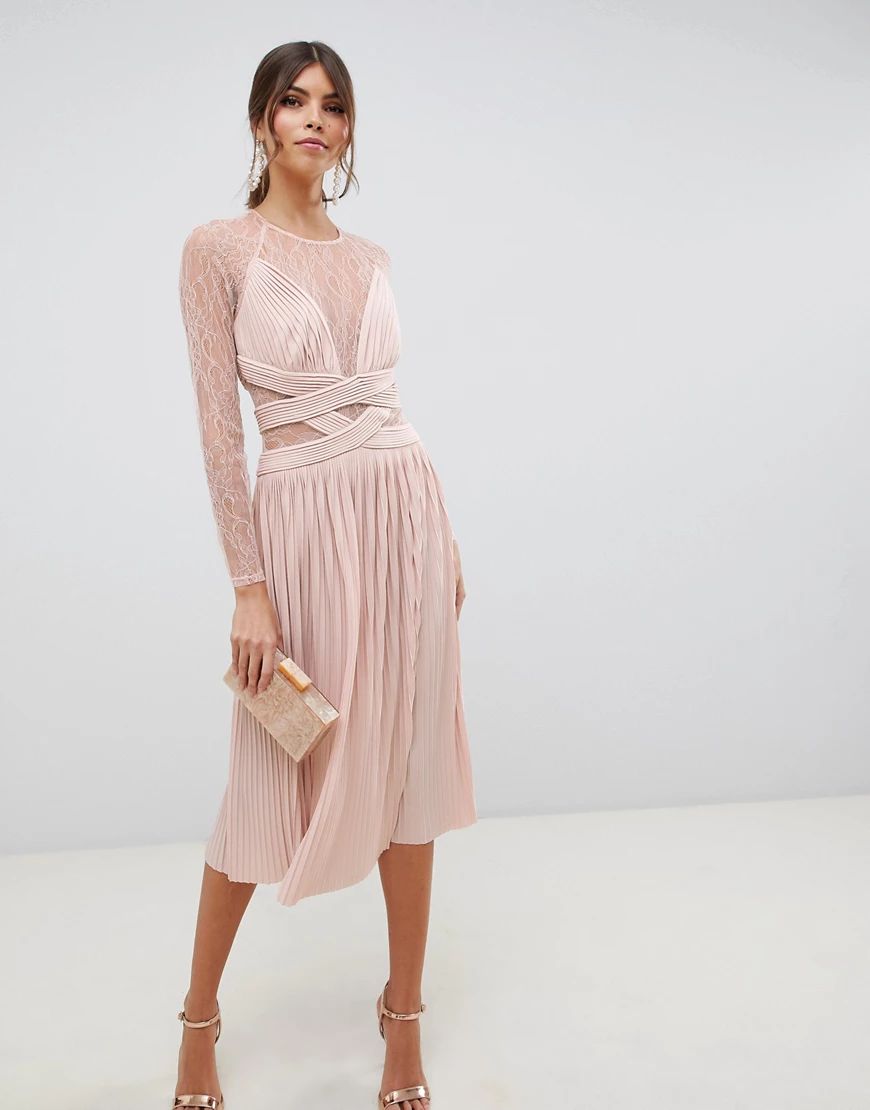 ASOS DESIGN lace and pleat midi dress-Pink | ASOS (Global)