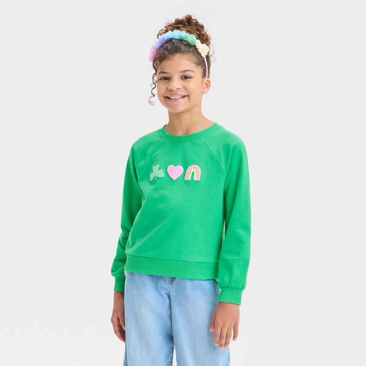 Girls' 'St. Patrick's Day Icons' Crewneck Pullover Fleece Sweatshirt - Cat & Jack™ Bright Green | Target
