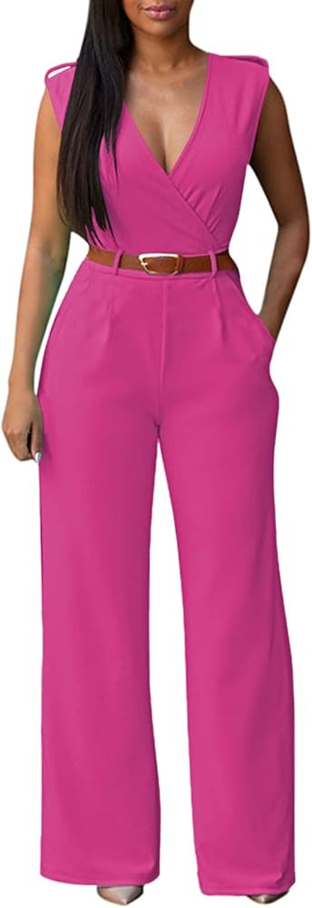 Pink Queen Jumpsuits for Women Dressy V Neck Sleeveless Wide Leg Long Pants Rompers | Amazon (US)