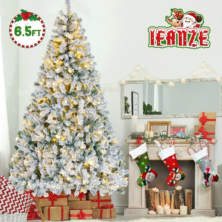 Ifanze 6.5ft Pre-lit Snow Flocked Christmas Tree with 300 Warm Lights 1200 Tips, Artificial Snowy... | Walmart (US)