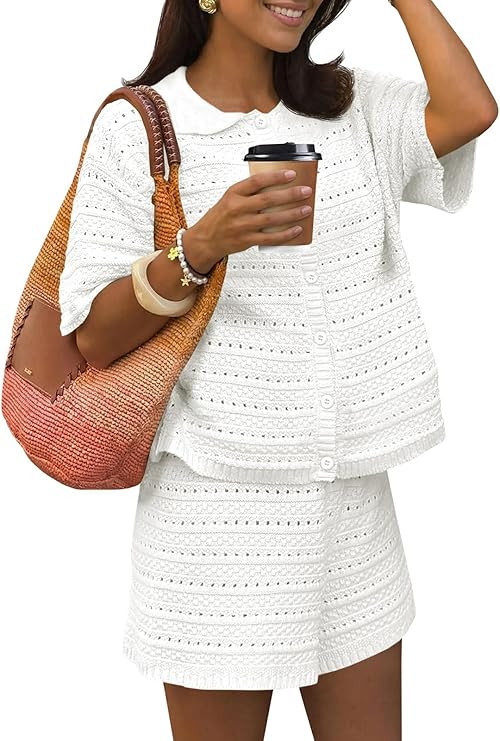 Fisoew Womens 2 Piece Crochet Swimsuit Cover Ups Button Cardigan Loose Knit Shorts Sets Summer Be... | Amazon (US)
