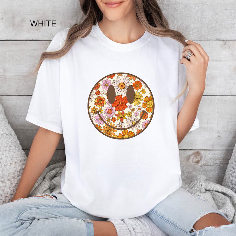 Smiling Face Comfort Colors® Shirt, Flower Smiley Face T-shirt, Vintage Floral Tee, Motivational... | Etsy (US)