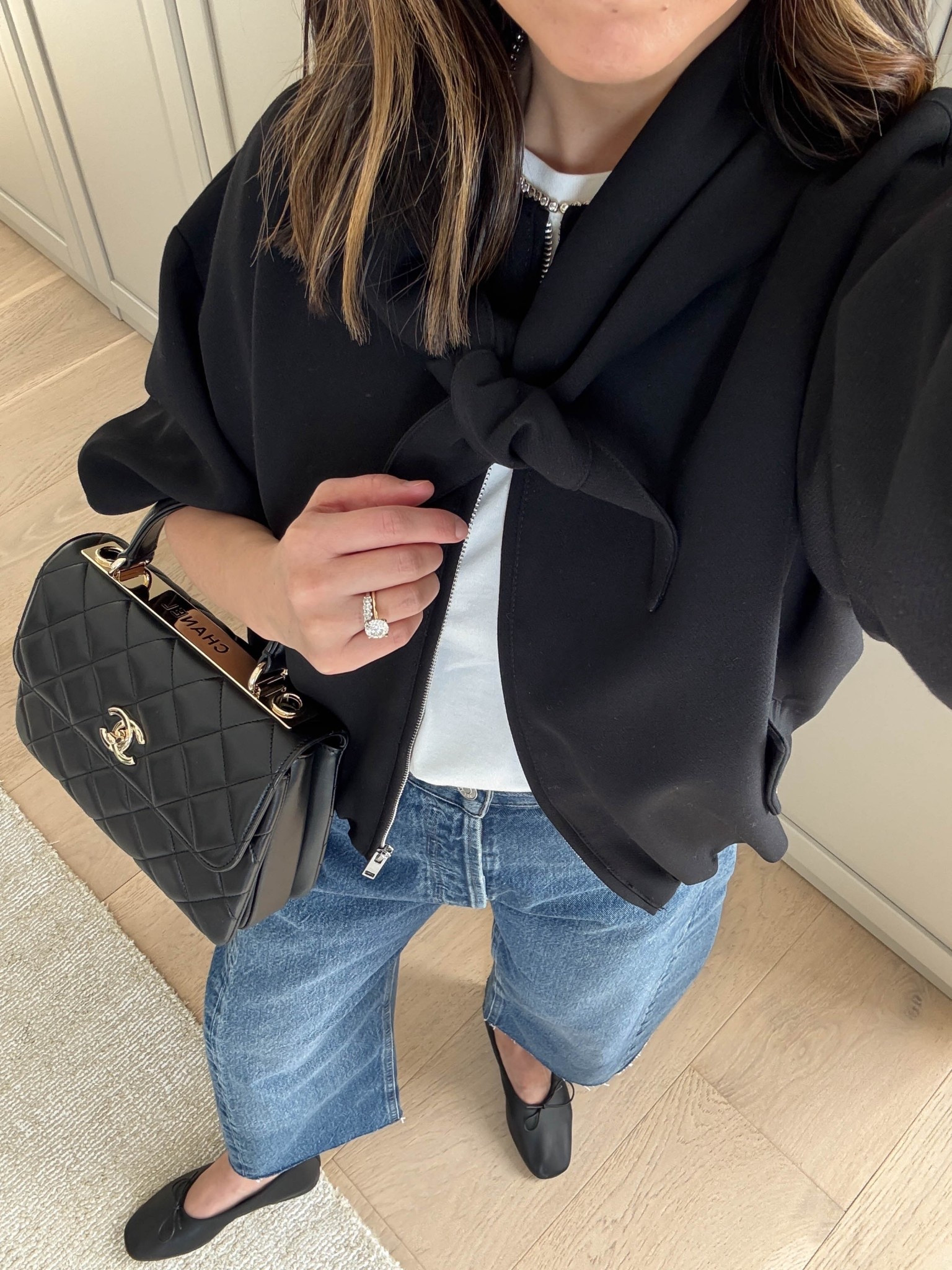 Spring Jackets: Cropped Bomber with Neck Tie. A great color to wear day to night. Neck tie is removal. Currently on sale!

Zara jacket small - could wear the xs
Madewell tee xs
AGOLDE Luna jeans 25 - cut hems
Everlane ballet flats 5
Chanel Treny cc small
YSL sunglasses
Dorsey James necklace 15”
Quince earrings 

Spring style, spring outfits, petite style, spring jackets 

#LTKSaleAlert #LTKootd #LTKPetite