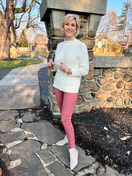 Think pink in these Valentine’s Day faux suede leggings on sale now @spanx ! I love the with this creamy white patchwork sweater! 

#LTKunder100 #LTKSeasonal #LTKSale
