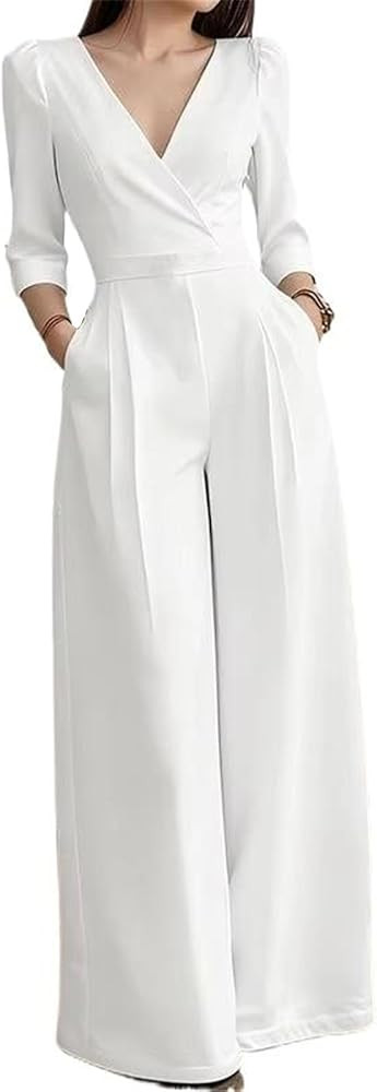 Women's 3/4 Sleeve Jumpsuit, V Neck Wide Leg Party Romper | Amazon (US)