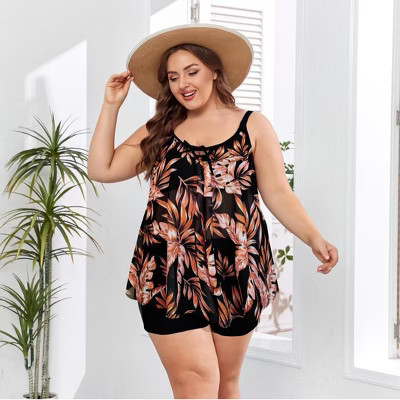 BLUEMING Women's Plus Size Tankini Swimsuits Mesh See Through Modest Two Piece Bathing Suits Front Tie Flowing Swimwear - Coffee,XL | Target