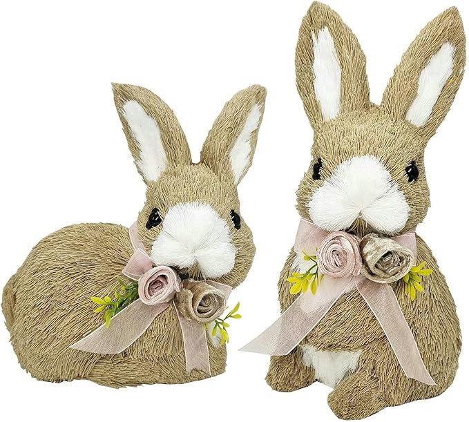 Nature Vibe 10 Inches Sisal Bunny Easter Decor,Set of 2 Easter Bunny w Floral Bow as Spring Decor... | Amazon (US)