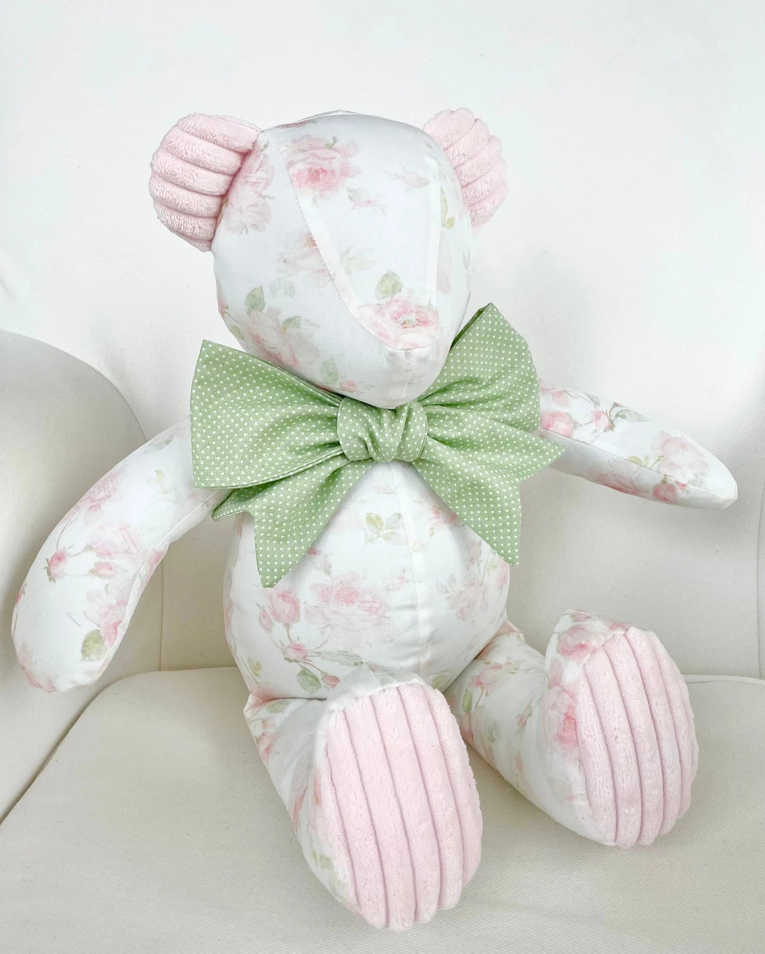 MADE TO ORDER - Alyssa - Handmade Pink Shabby Chic Rose and Chenille Teddy Bear with Soft Green B... | Etsy (US)