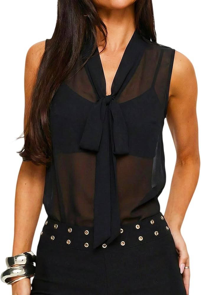 Prettywear Sheer Sleeveless Blouses for Women 2026 See Through Chiffon Sexy Going Out Party Club ... | Amazon (US)