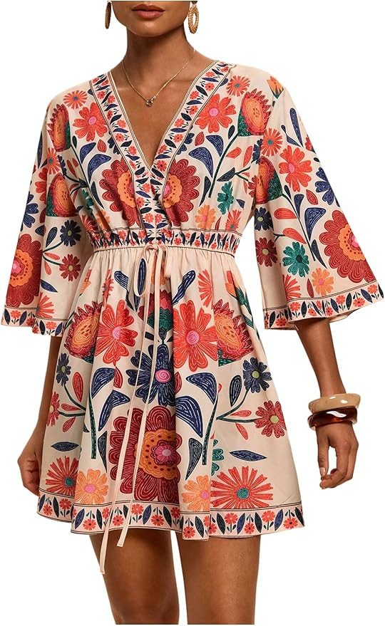 WDIRARA Women's Floral A Line Short Dress V Neck 3/4 Sleeve Flowy Dresses Boho Beach Vacation | Amazon (US)