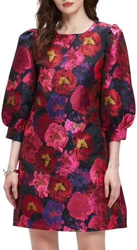 Kedera Women's Jacquard Dress Long Puff Sleeves Shift Mini Elegant Floral Dress Summer Business | Amazon (US)